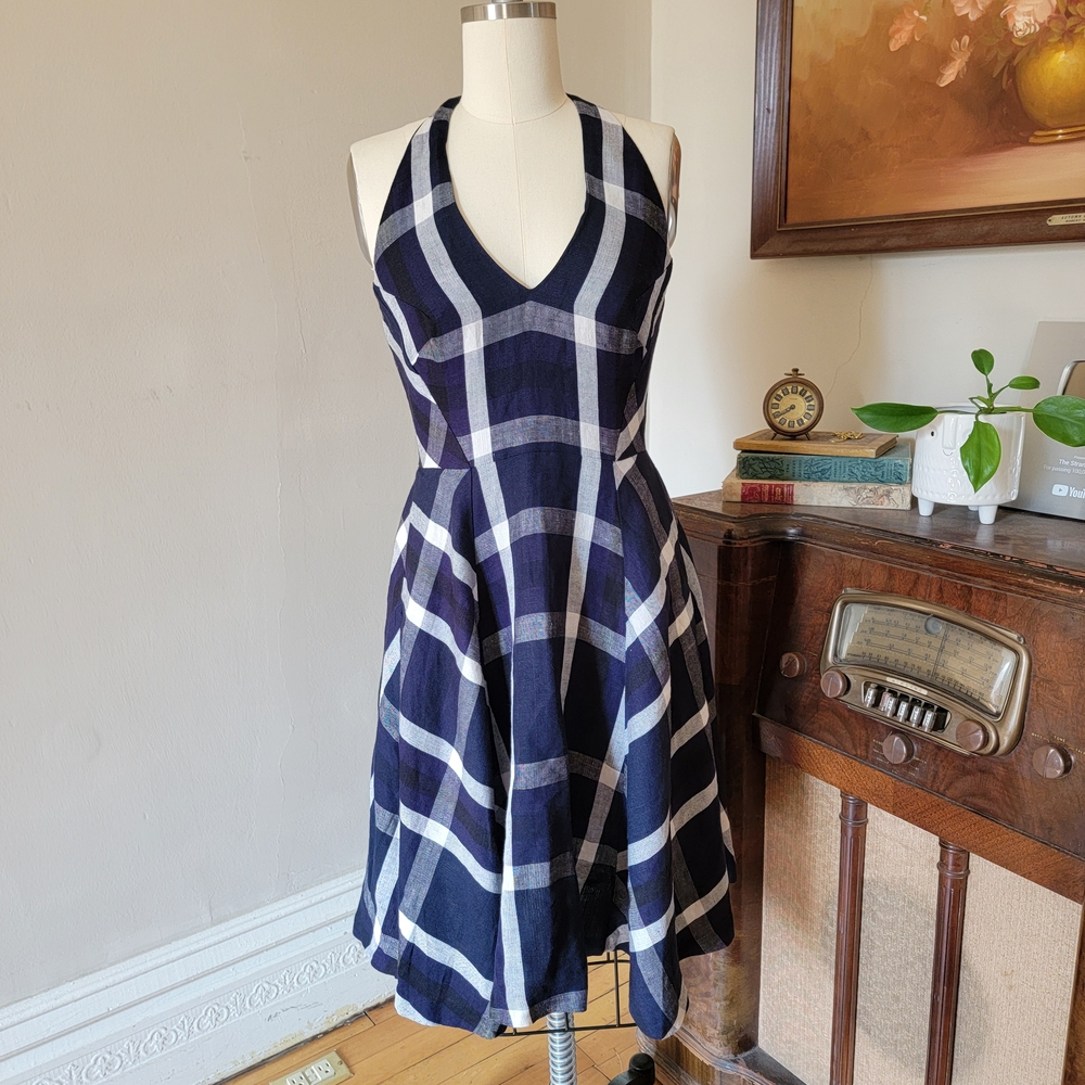 Eva Franco Navy White Plaid Rockabillg Halter Dress Small 2